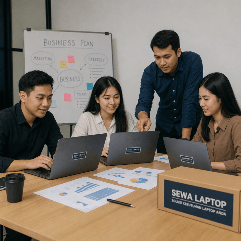 tim kerja menggunakan laptop sewaan untuk kegiatan bisnis